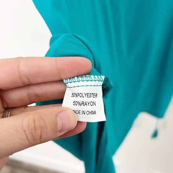 [Aimage] Teal V-Neck Crochet Lace Tasseled Side Slits Swim Coverup Sz Medium M - Picture 11 of 12